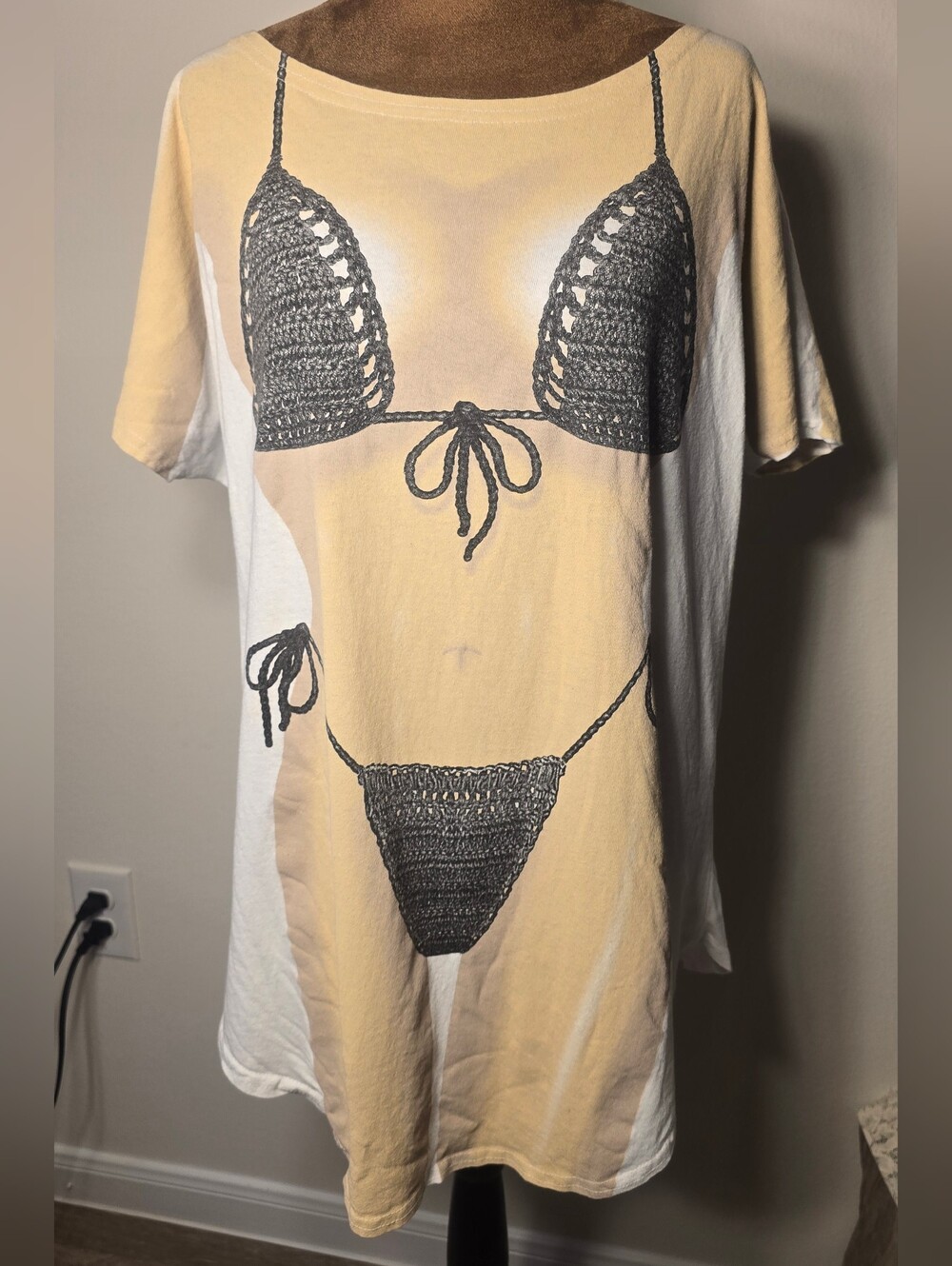 👙 Bikini Print Tee — Cream & Black Crochet Funny Swimsuit Coverup L.A. Imprints